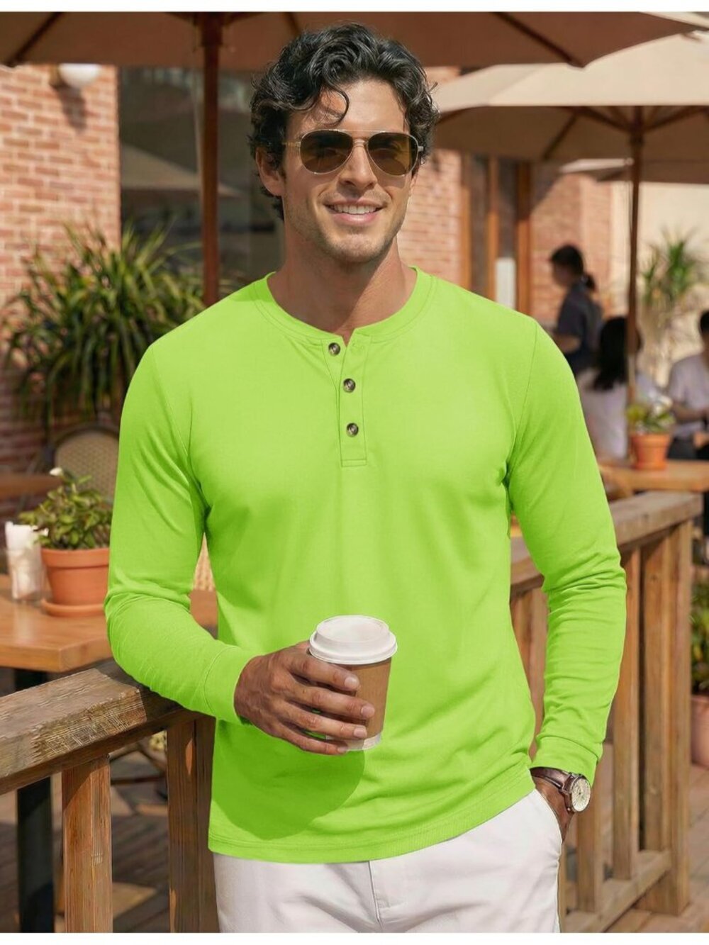 Men's Fl Green Long Sleeve Henley T-shirts Cotton 3-button Spring Casual - Picture 3 of 7
